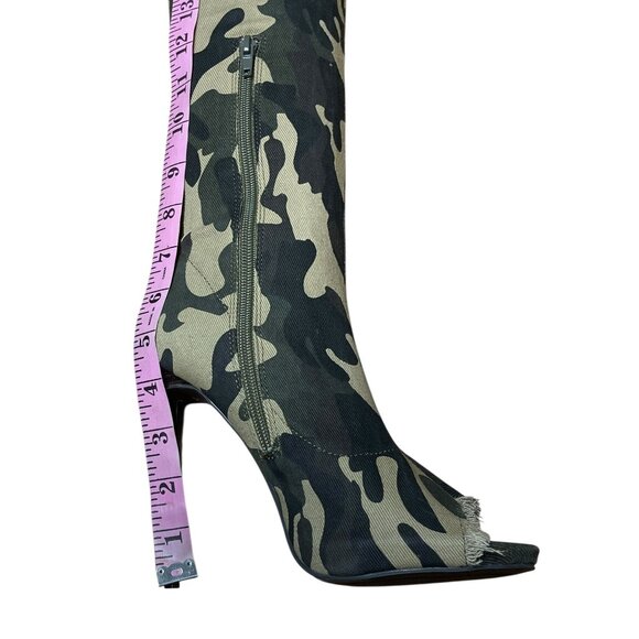 Shoedazzle Camo Thigh-High Stiletto Boots Size 8 With Peep Toe & Distressed Ripp - Picture 12 of 16